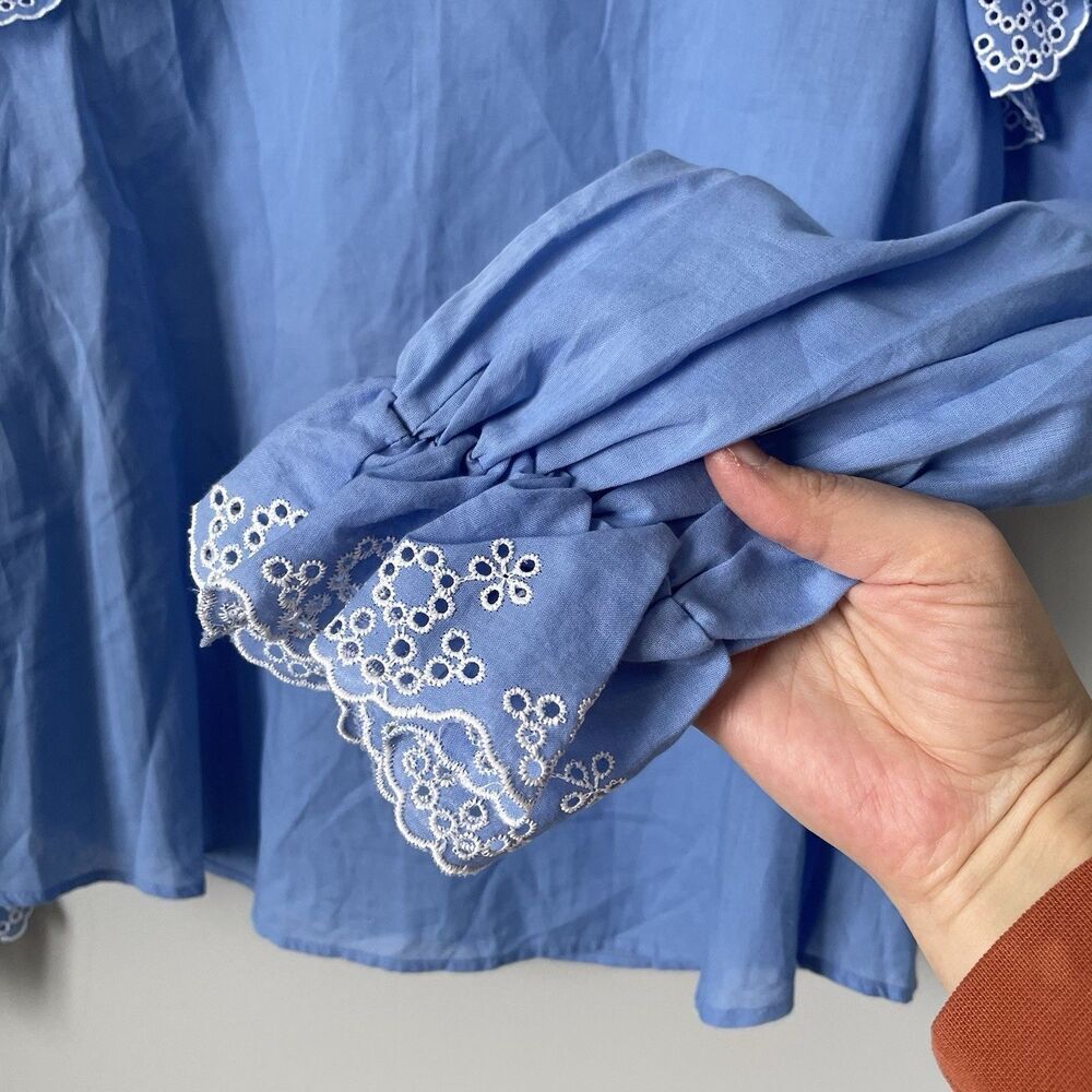 Zara Cotton Blouse Eyelit Ruffle Embroidered Details Long Sleeve Women's XS - Picture 9 of 11